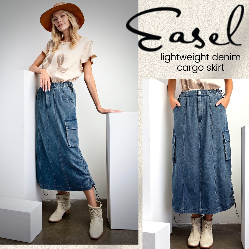 EASEL Lightweight & Soft, Washed Denim Cargo-Style Skirt Customizable Midi Comfy